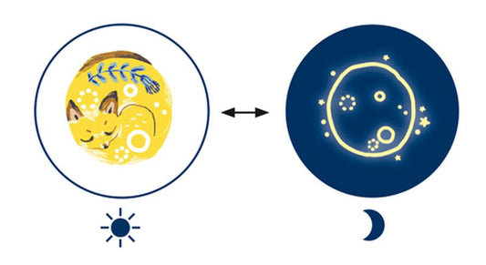 Démonstration de l'effet phosphorescent d'un tatouage renard lumineux Djeco sous le jour et dans l'obscurité.