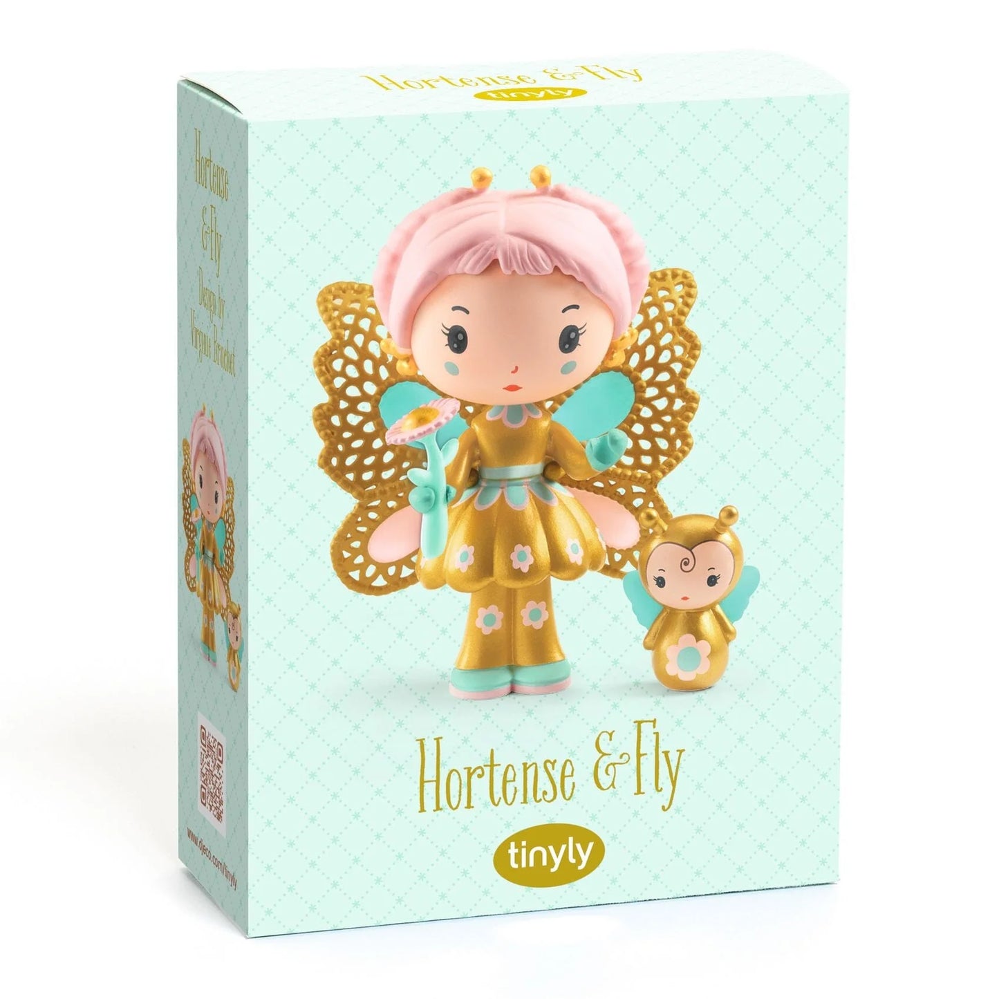 Boîte d'emballage menthe de la figurine de collection Hortense & Fly de la gamme Tinyly par Djeco.