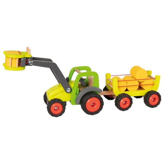 WOODEN FRONT-END LOADER TRACTOR WITH HAY WAGON