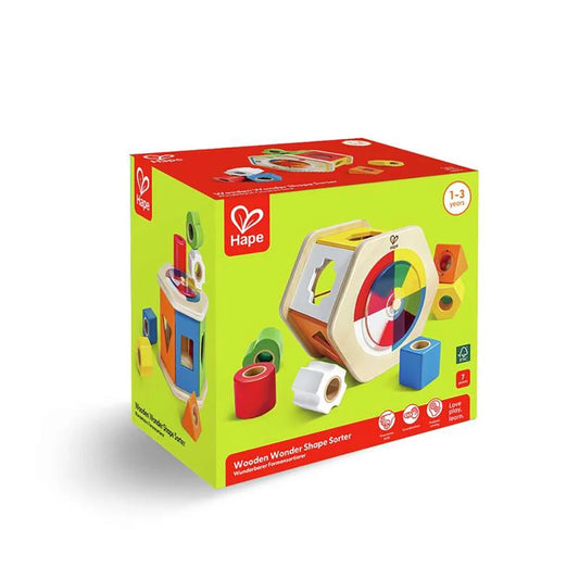 Emballage du jouet d'éveil Wooden Wonder Shape Sorter de Hape adapté pour les enfants de 1 à 3 ans.