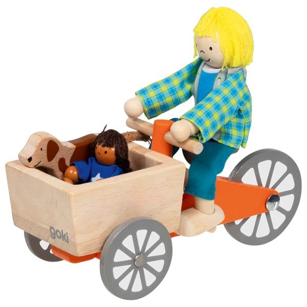 VÉLO CARGO AVEC PETITES POUPÉES ET CHIEN EN BOIS