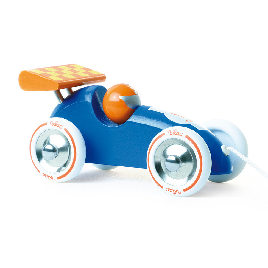 BLUE AND ORANGE PULL ALONG RACING CAR IN LACQUERED SOLID WOOD
