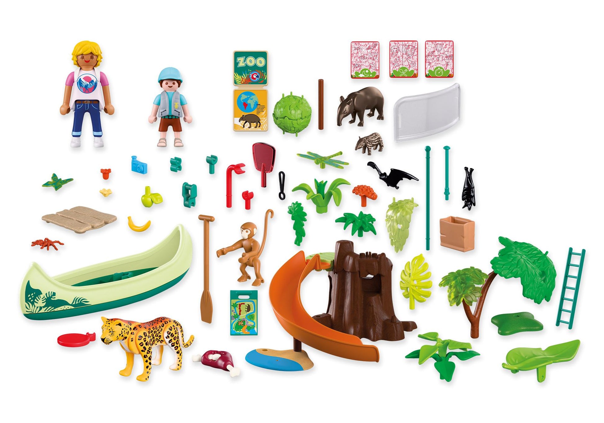 Ensemble complet des 86 pièces, figurines et animaux du coffret Playmobil Zoo au cœur de la jungle 72071.